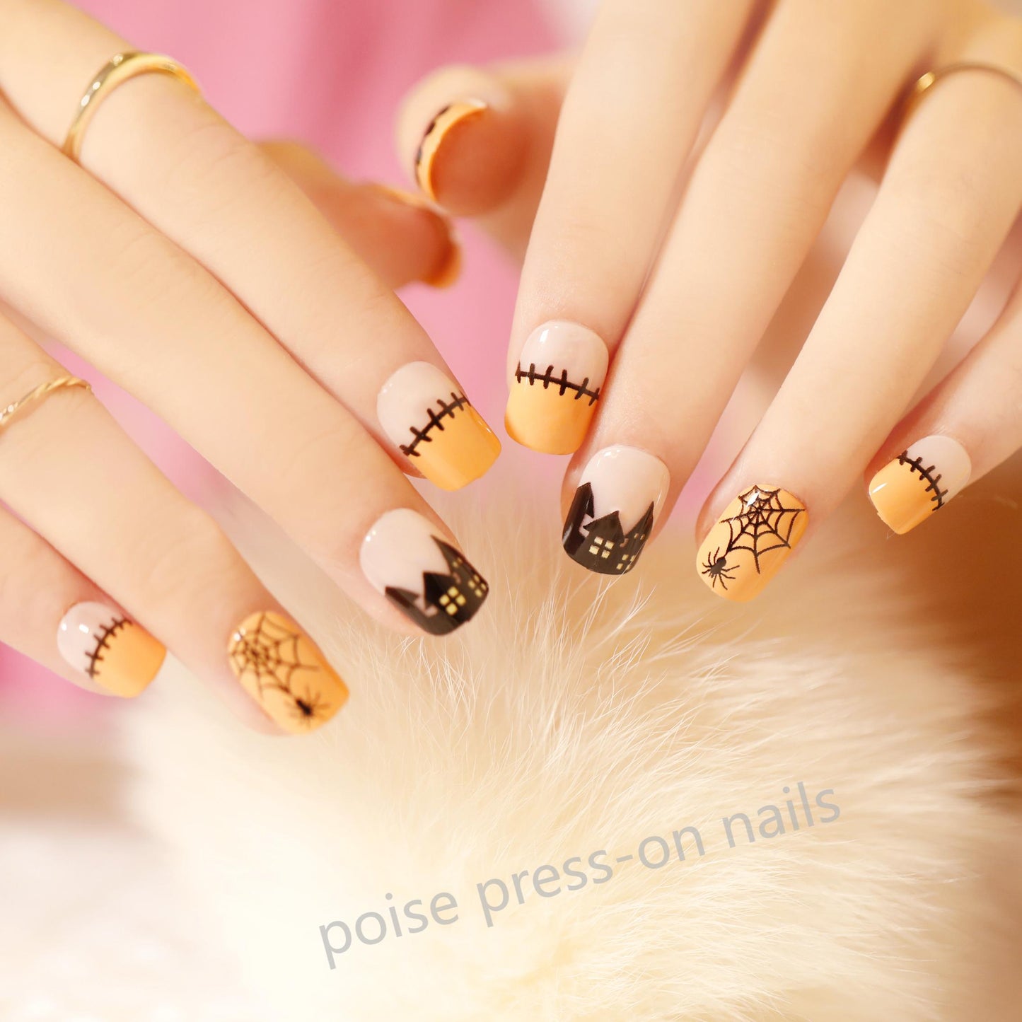 24pcs Halloween Design Press On Nails with Designs Pumpkin Ghost Halloween Long Fake Nails Full Cover Halloween Waterproof Long Lasting Nail