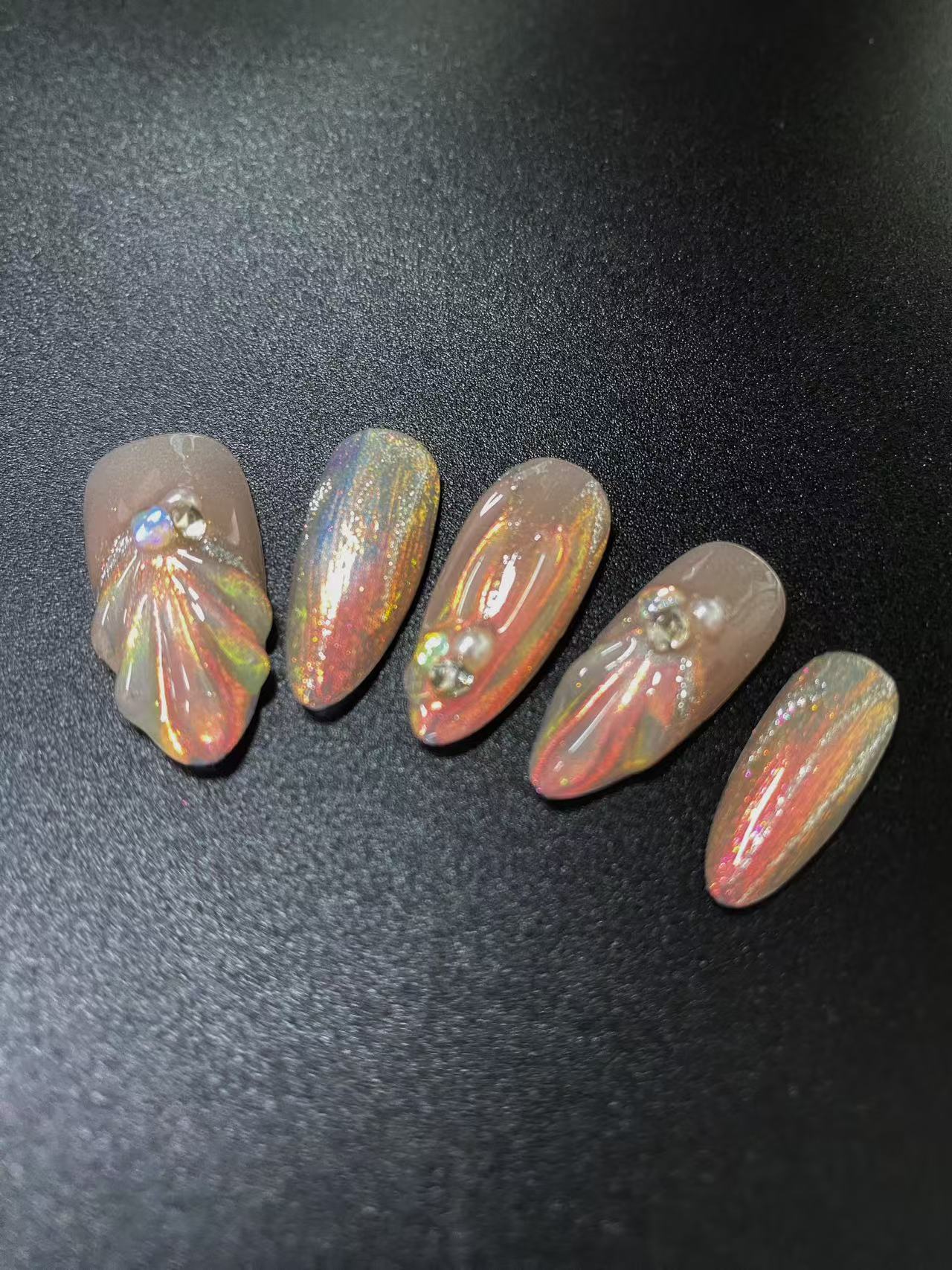 Ocean press-on nails with pearl design 10pcs set 100% handmade