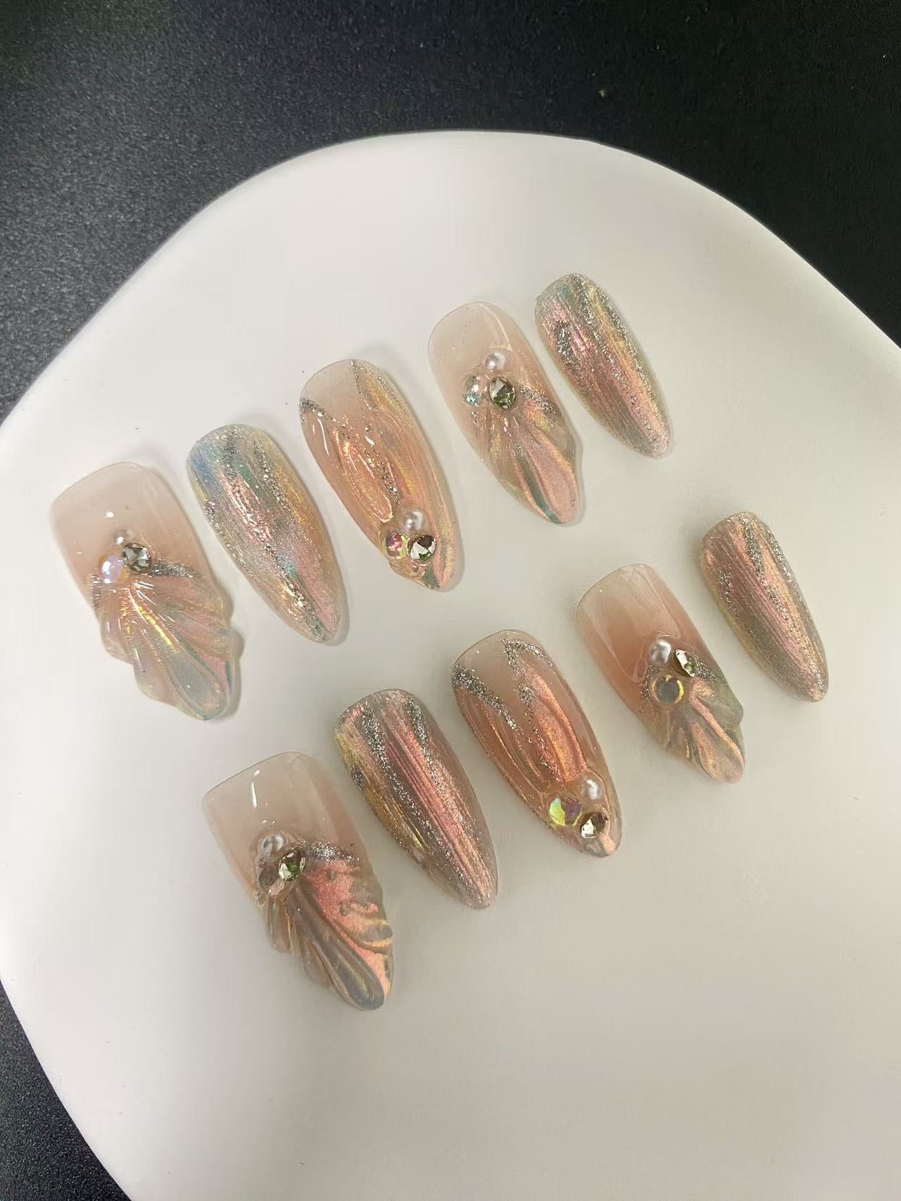 Ocean press-on nails with pearl design 10pcs set 100% handmade