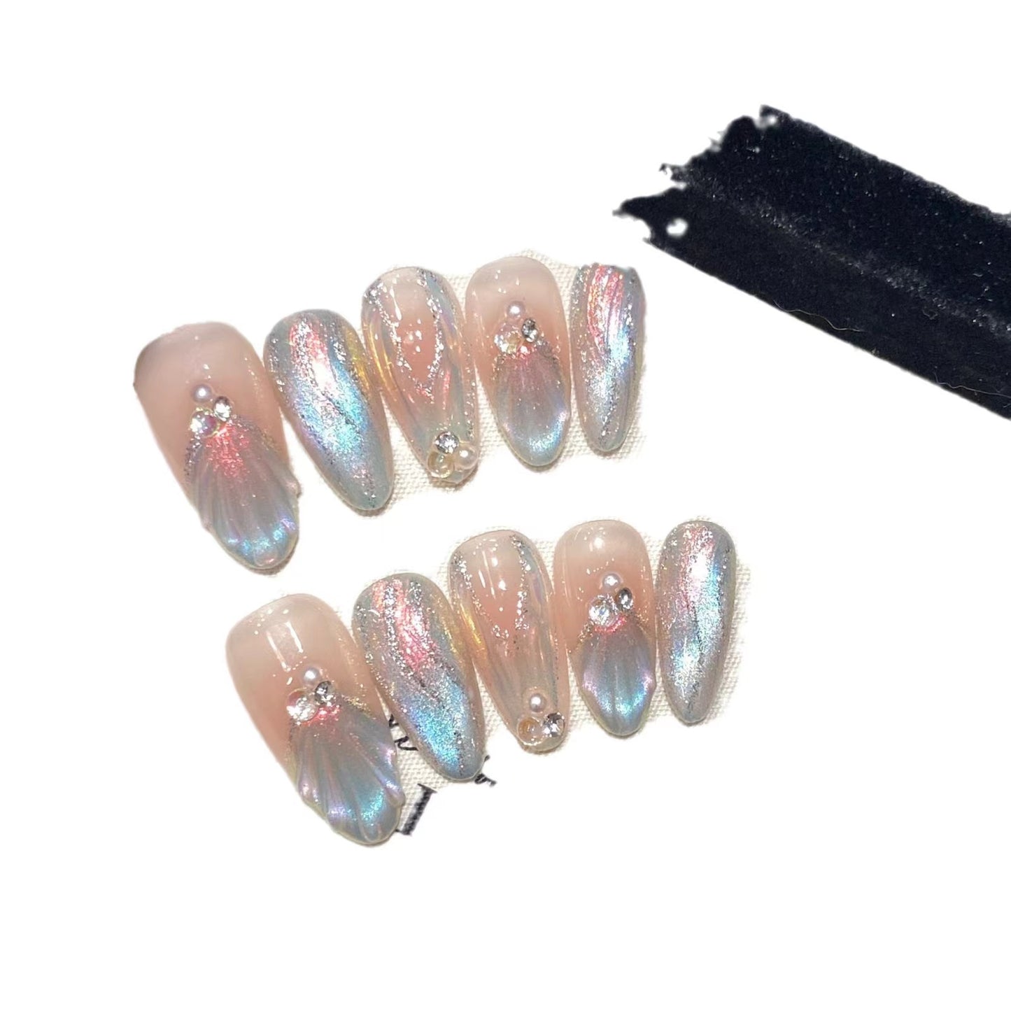 Ocean press-on nails with pearl design 10pcs set 100% handmade
