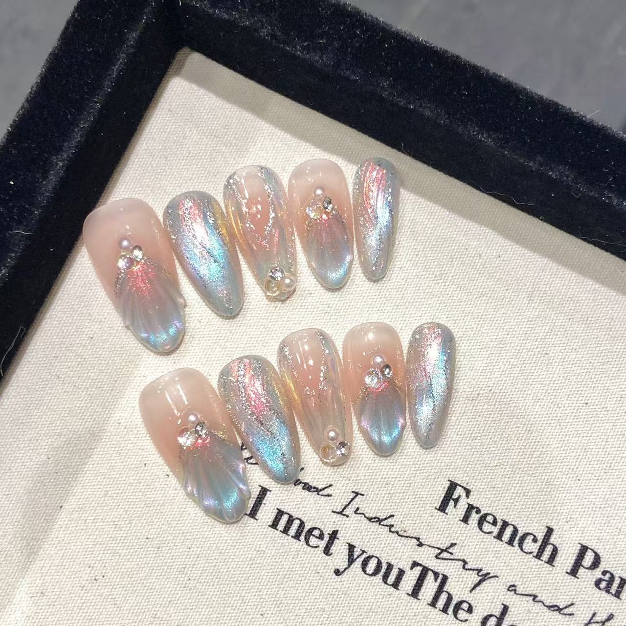 Ocean press-on nails with pearl design 10pcs set 100% handmade