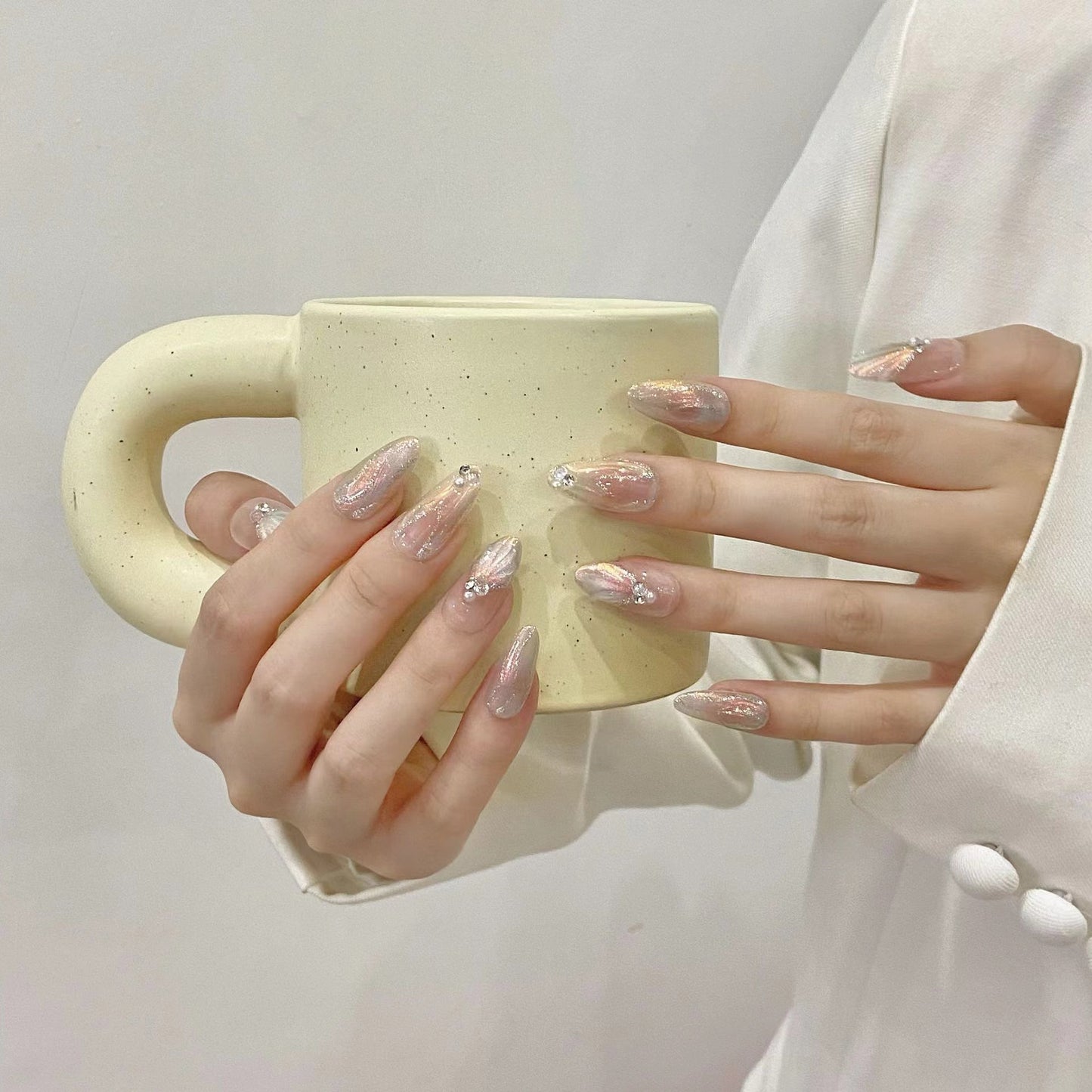 Ocean press-on nails with pearl design 10pcs set 100% handmade