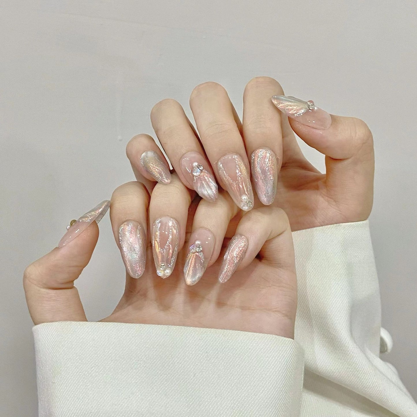 Ocean press-on nails with pearl design 10pcs set 100% handmade