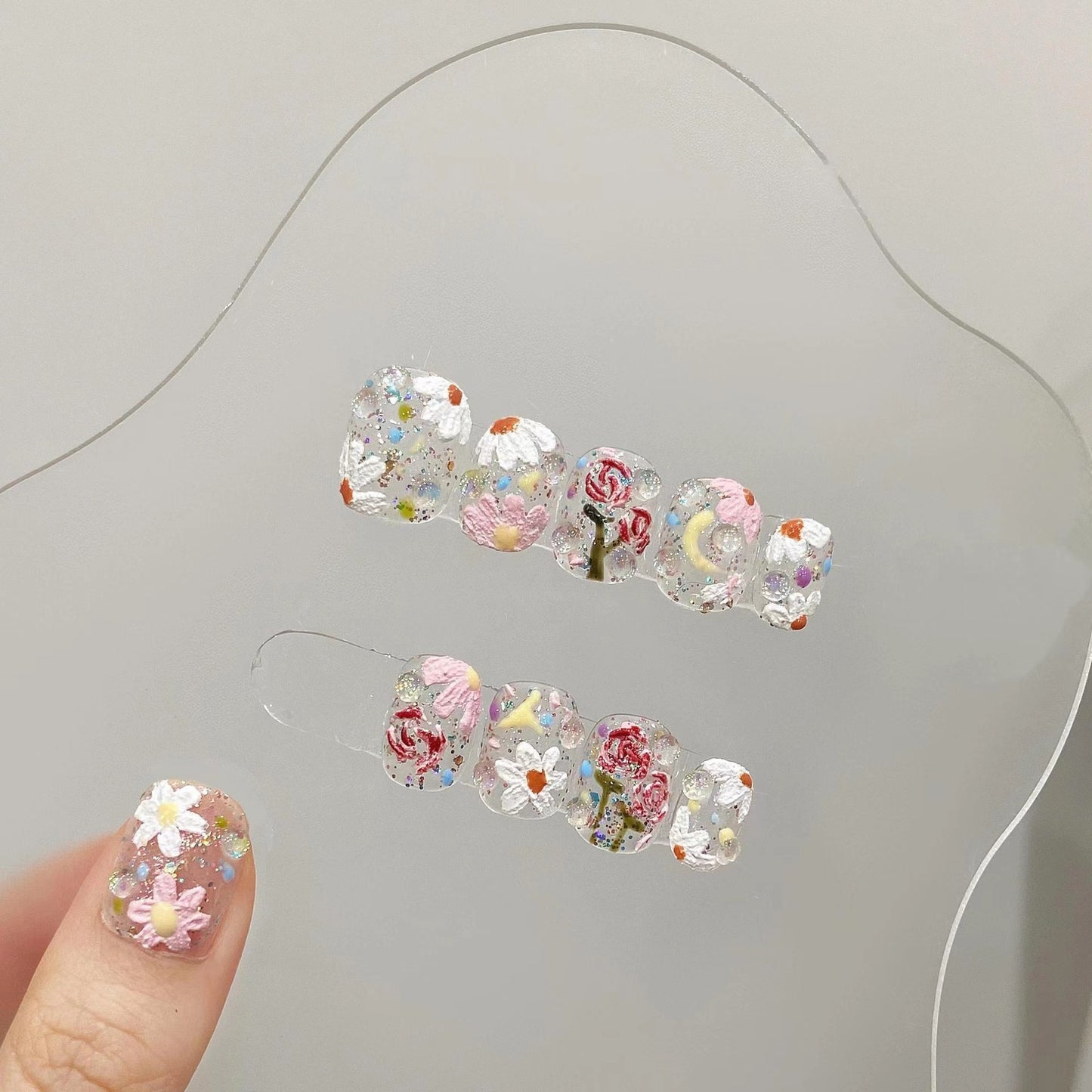Flower press-on nails 10pcs set 100% handmade