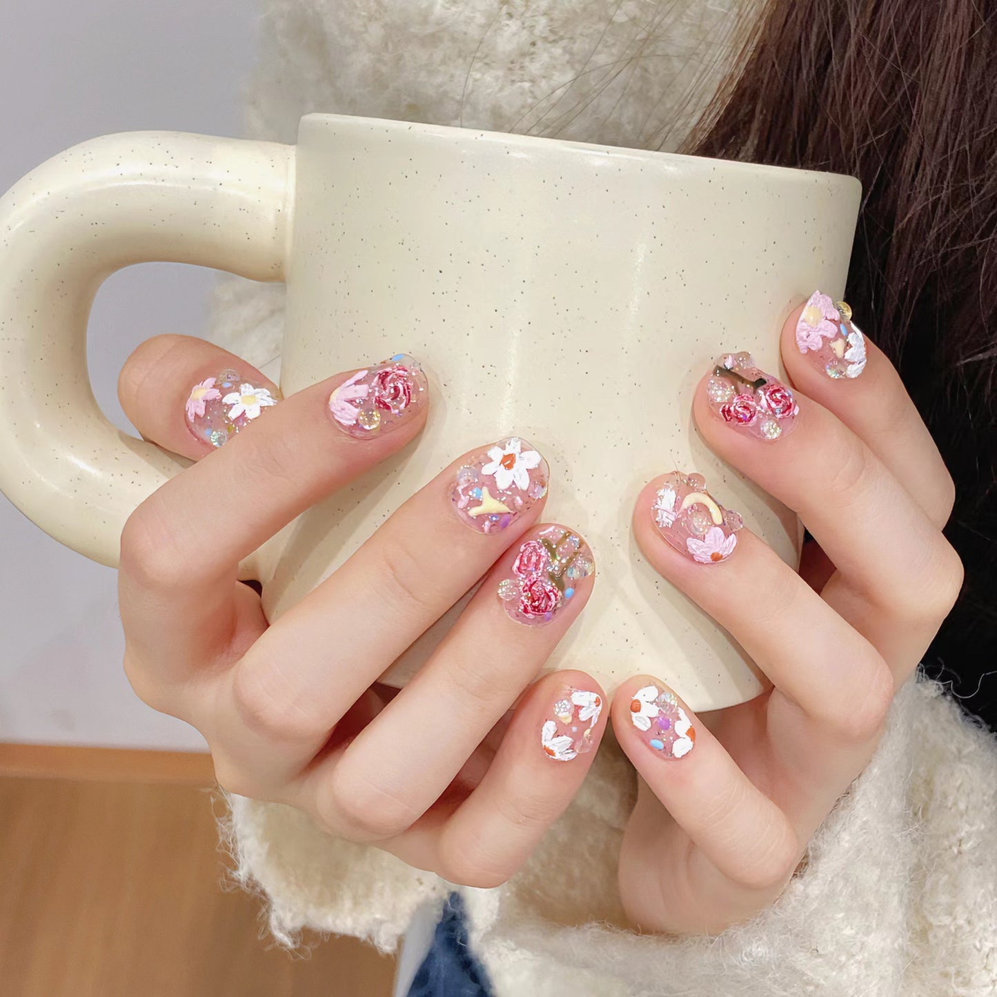 Flower press-on nails 10pcs set 100% handmade