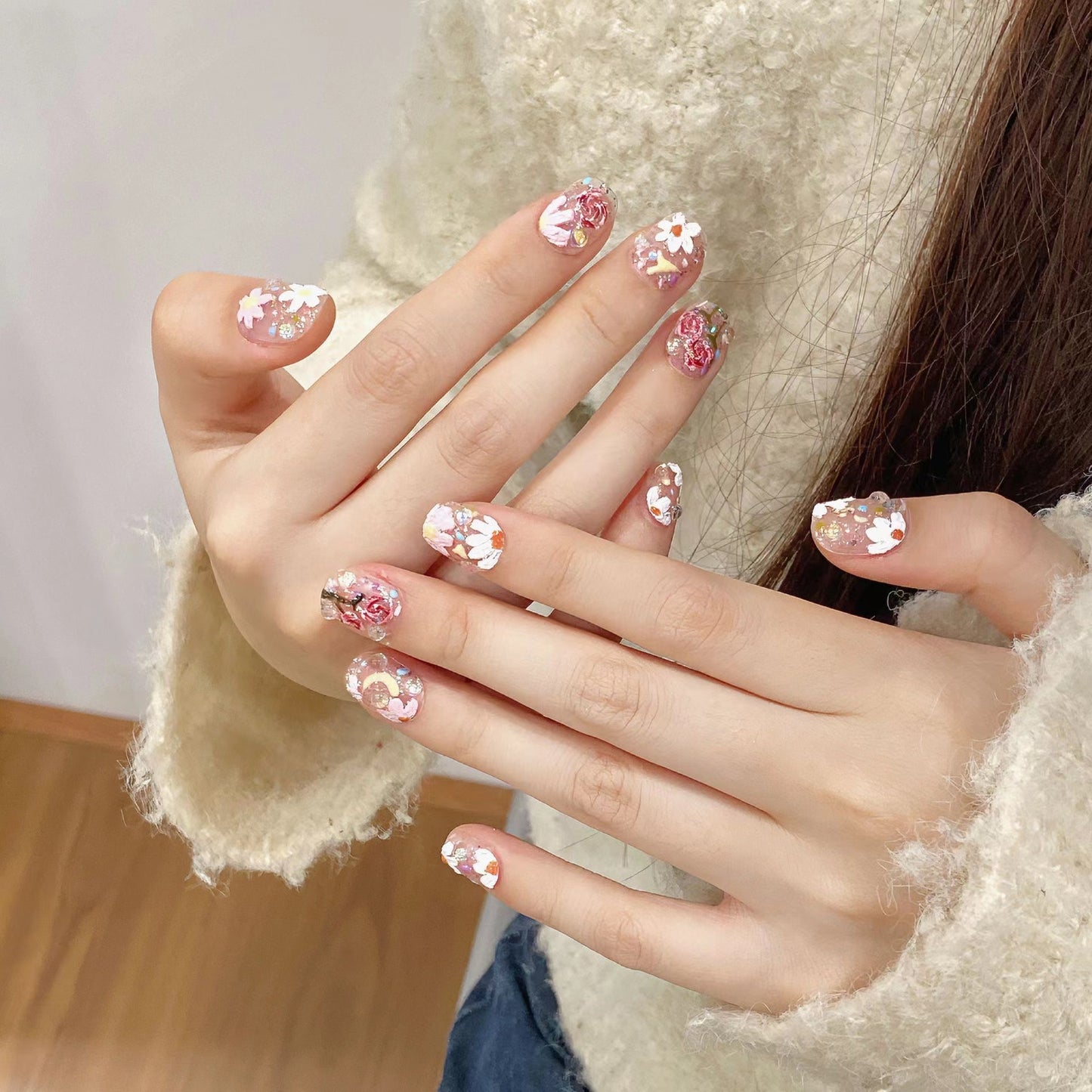 Flower press-on nails 10pcs set 100% handmade