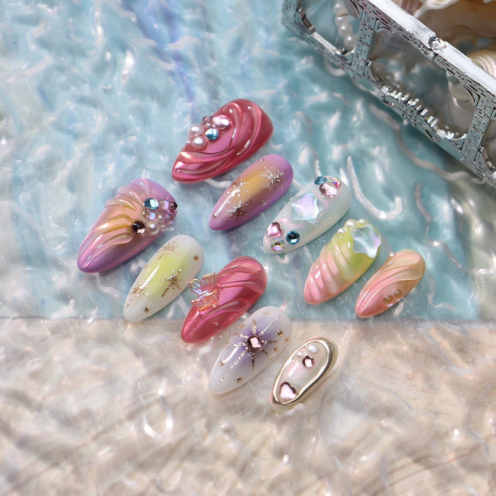 Ocean press-on nails with pearl design 10pcs set 100% handmade