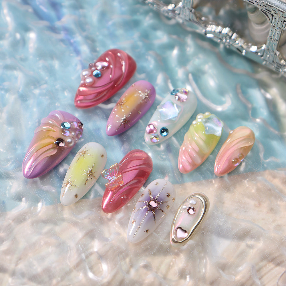 Ocean press-on nails with pearl design 10pcs set 100% handmade