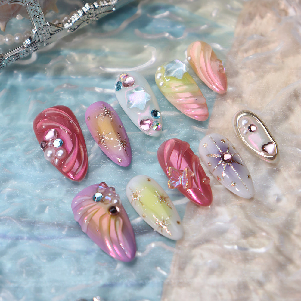 Ocean press-on nails with pearl design 10pcs set 100% handmade
