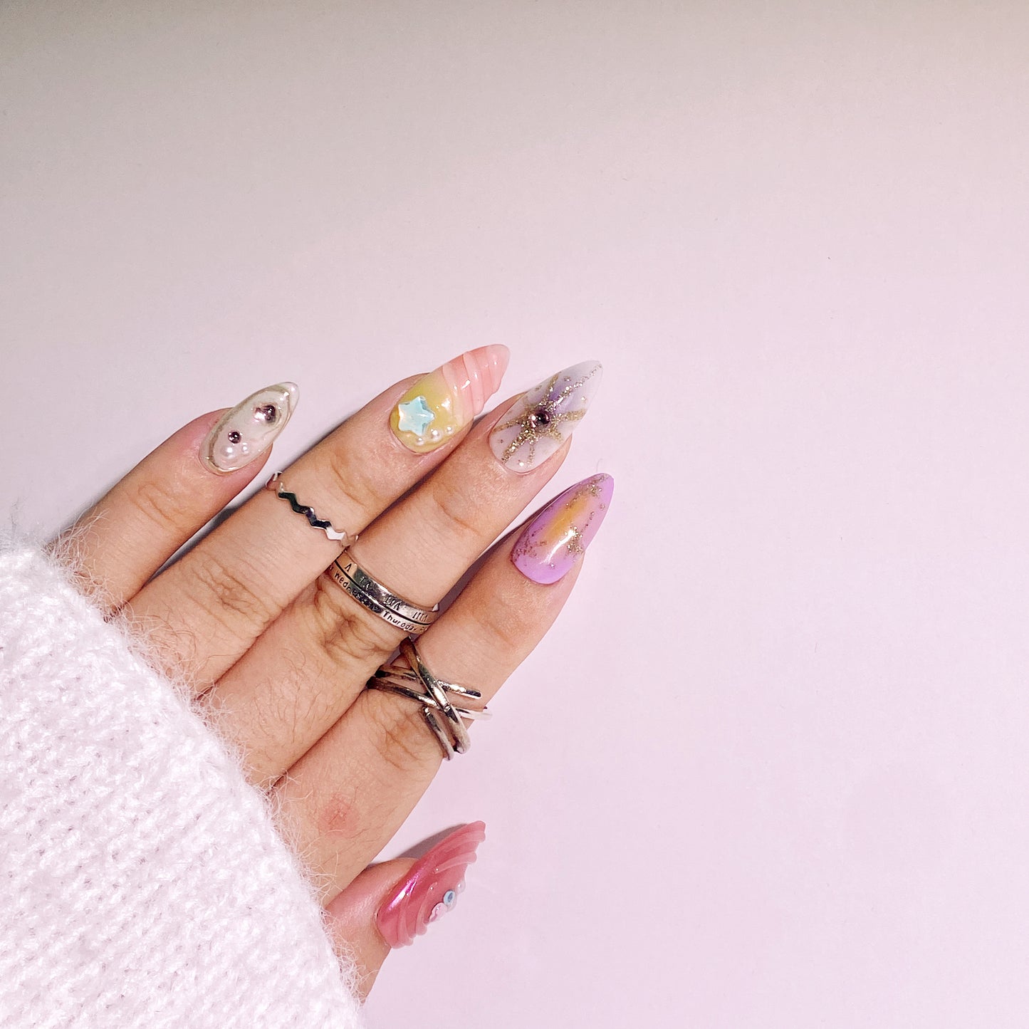 Ocean press-on nails with pearl design 10pcs set 100% handmade