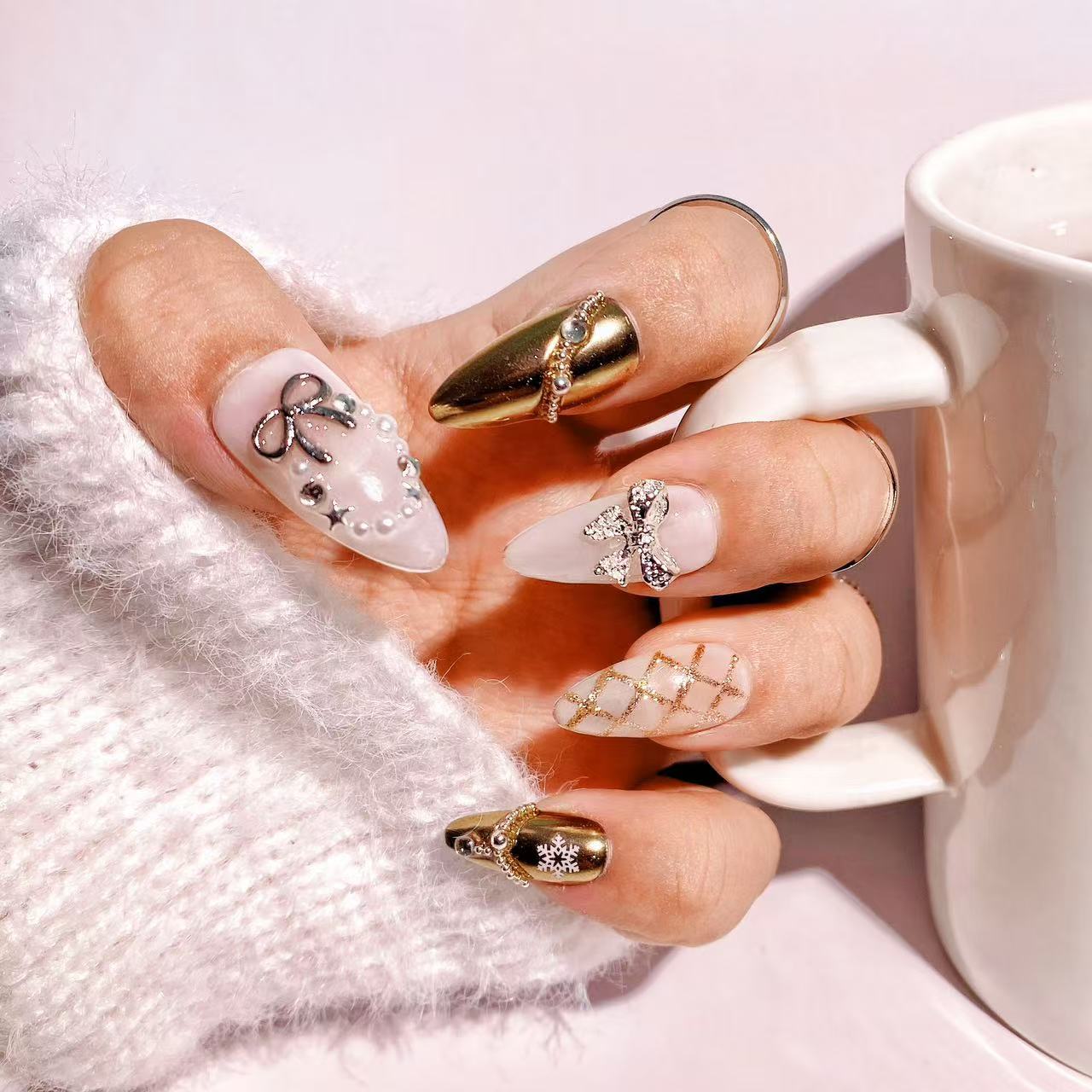 Snowflakes Fashion press-on nails 10pcs set 100% handmade