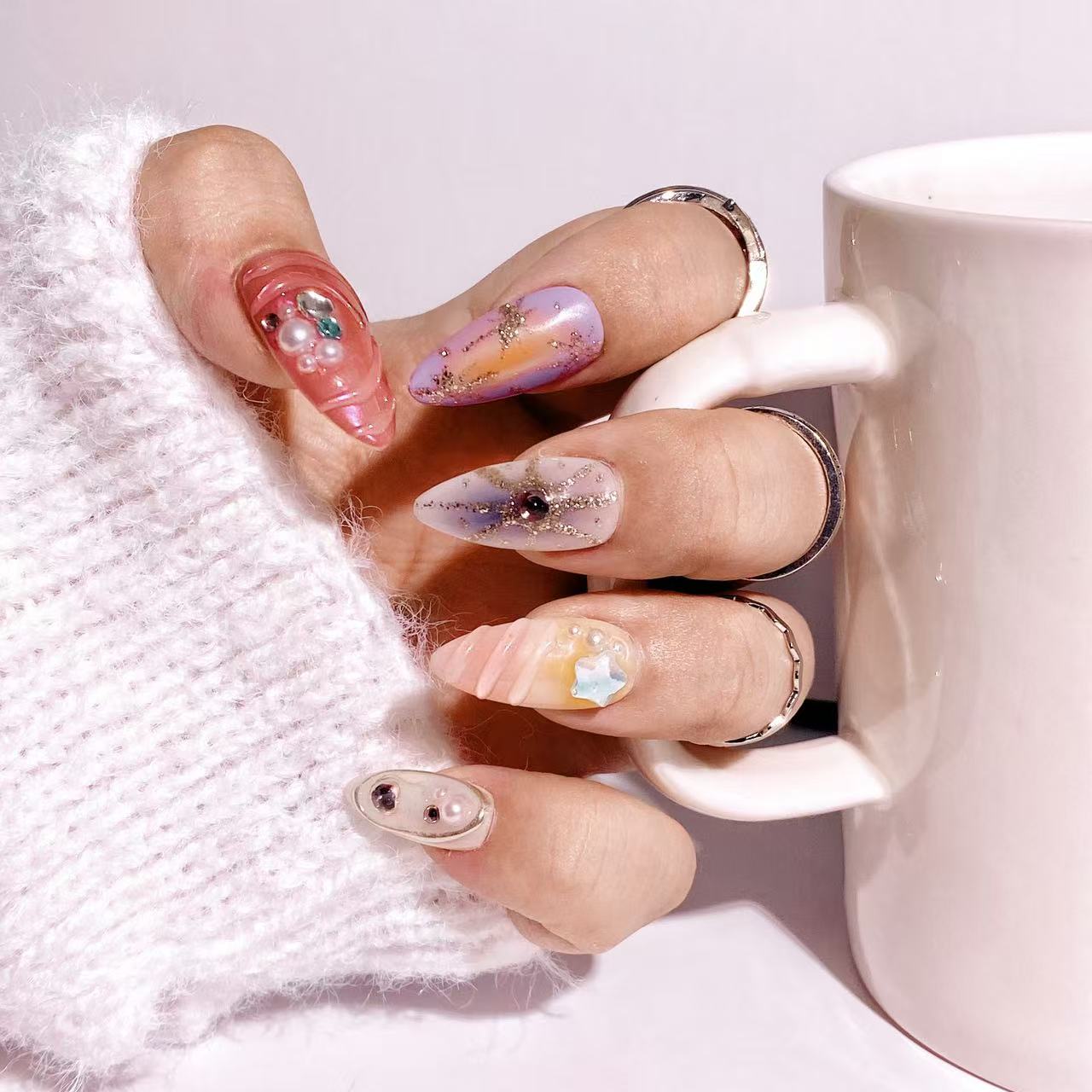 Ocean press-on nails with pearl design 10pcs set 100% handmade