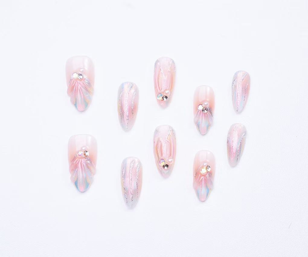Ocean press-on nails with pearl design 10pcs set 100% handmade