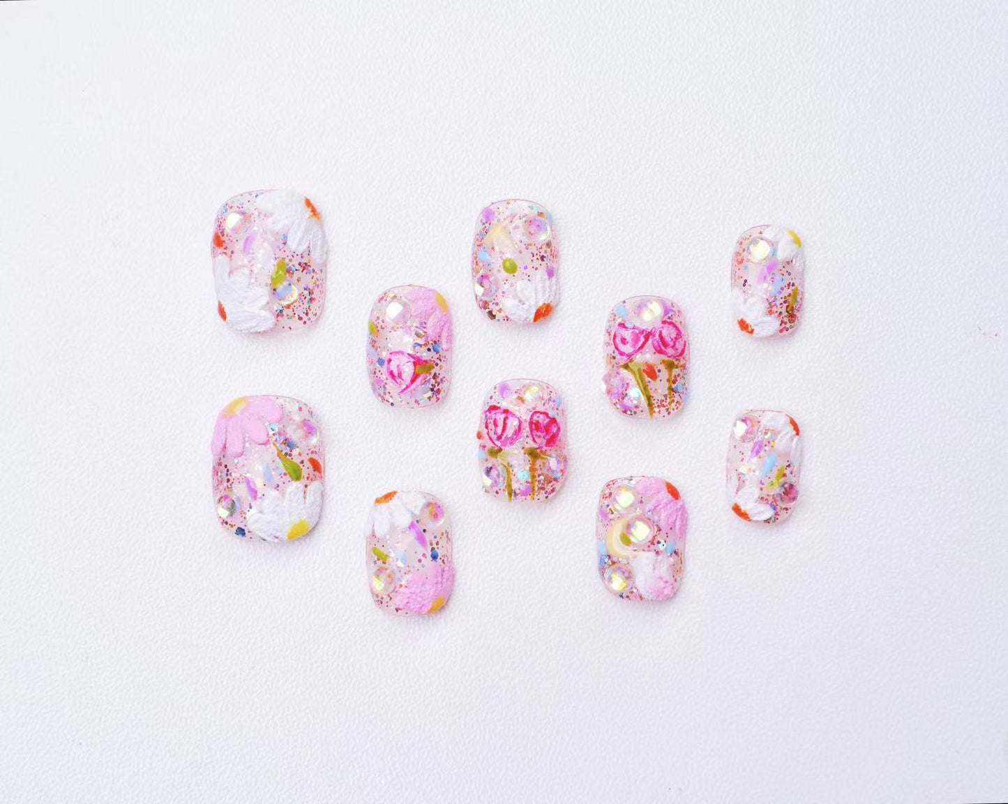 Flower press-on nails 10pcs set 100% handmade