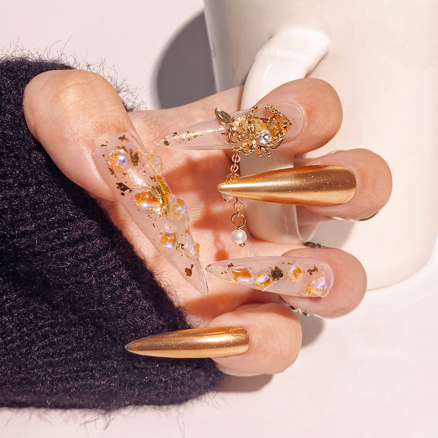 Luxurious Gold Art Design press-on nails 10pcs set 100% handmade