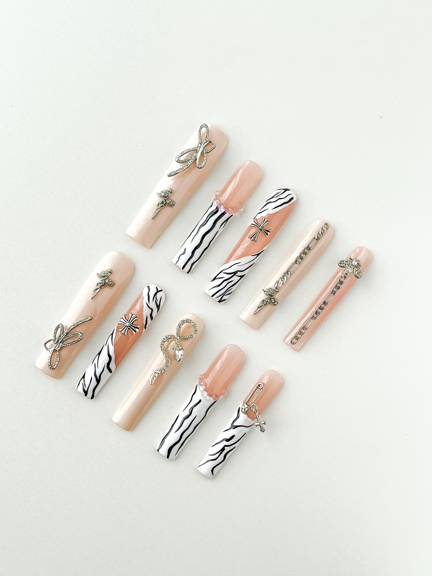 100% HAND HANDMADE Zebra-Stripe Press-on Nails with Cross Design