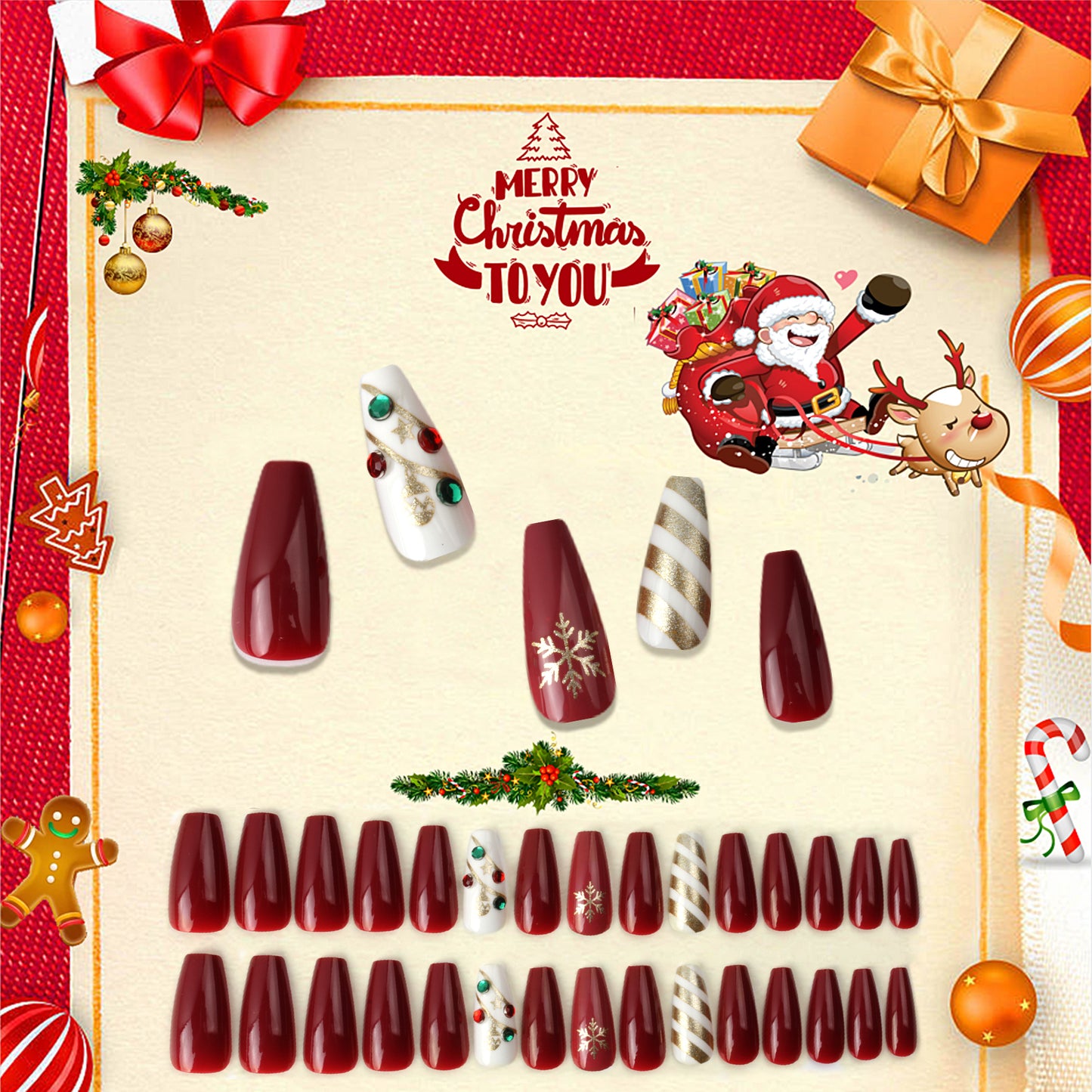Christmas Nails Set With Glue Design 30pcs set