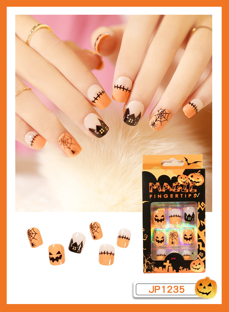 24pcs Halloween Design Press On Nails with Designs Pumpkin Ghost Halloween Long Fake Nails Full Cover Halloween Waterproof Long Lasting Nail