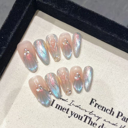 Ocean press-on nails with pearl design 10pcs set 100% handmade