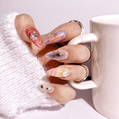 Ocean press-on nails with pearl design 10pcs set 100% handmade