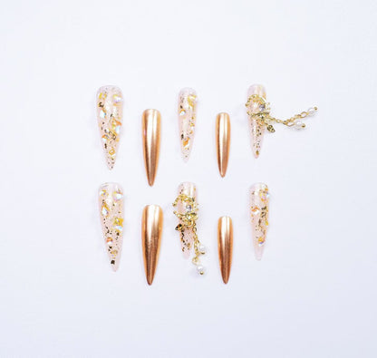 Luxurious Gold Art Design press-on nails 10pcs set 100% handmade