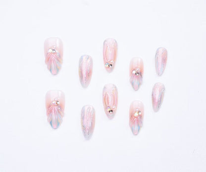 Ocean press-on nails with pearl design 10pcs set 100% handmade