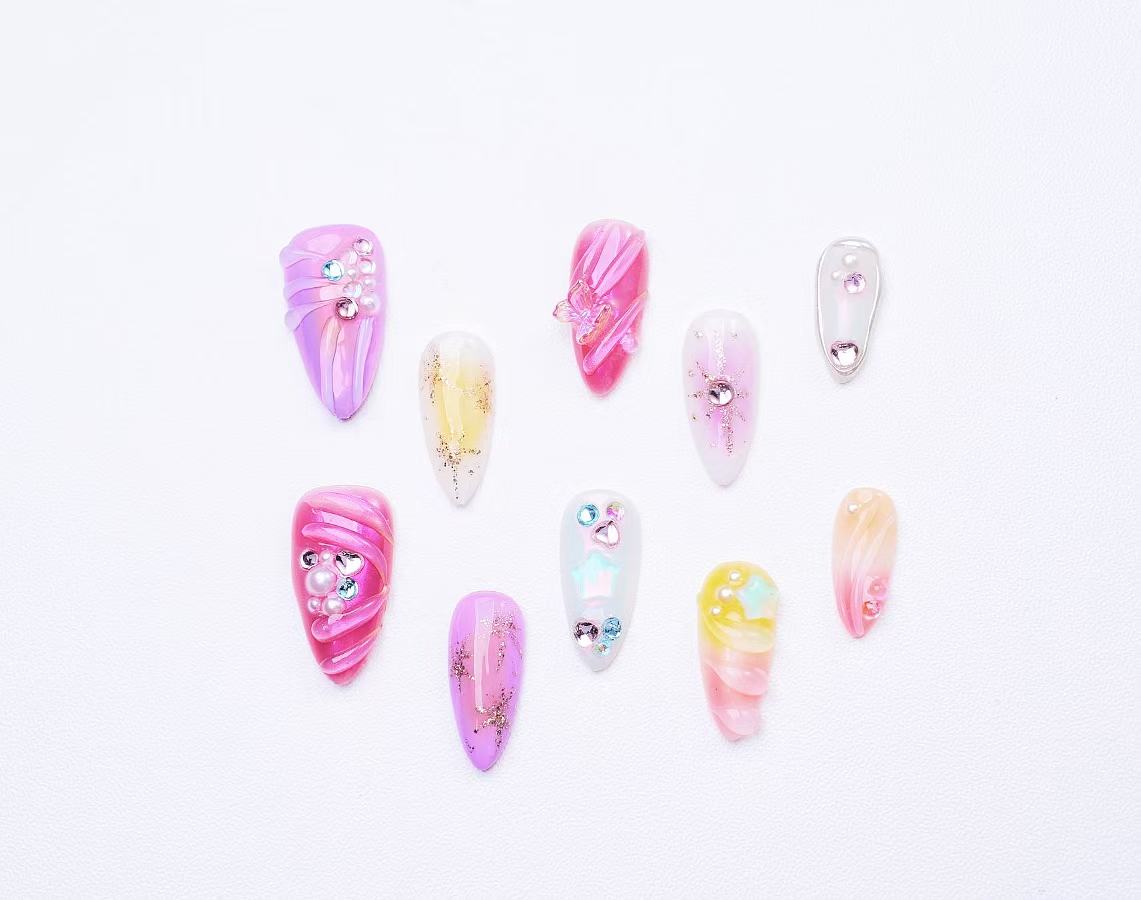 Ocean press-on nails with pearl design 10pcs set 100% handmade