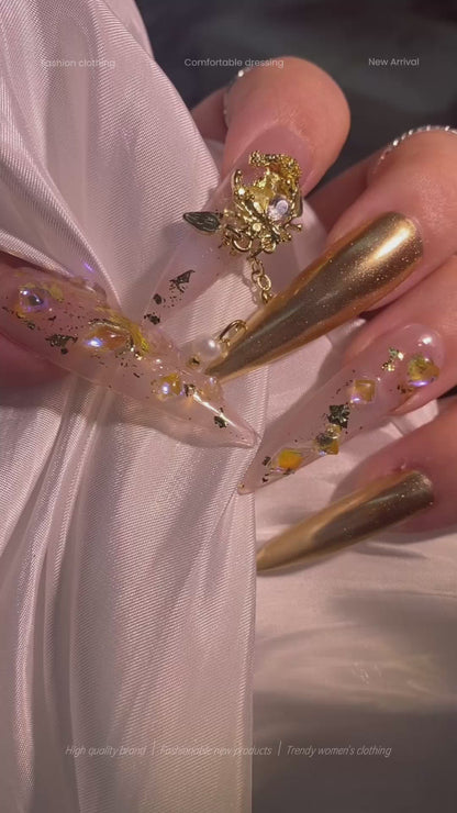 Luxurious Gold Art Design press-on nails 10pcs set 100% handmade